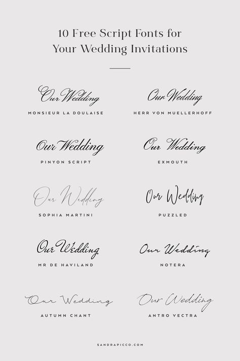 10 Free Script Fonts for Wedding Invitations - sandrapicco.com Wedding Sign Fonts Dafont, Dafont Wedding Fonts, Popular Wedding Fonts, Wedding Fonts Dafont, Cursive Wedding Fonts, Wedding Envelope Fonts, Adobe Fonts For Wedding, Typography Fonts Canva, Free Canva Wedding Fonts