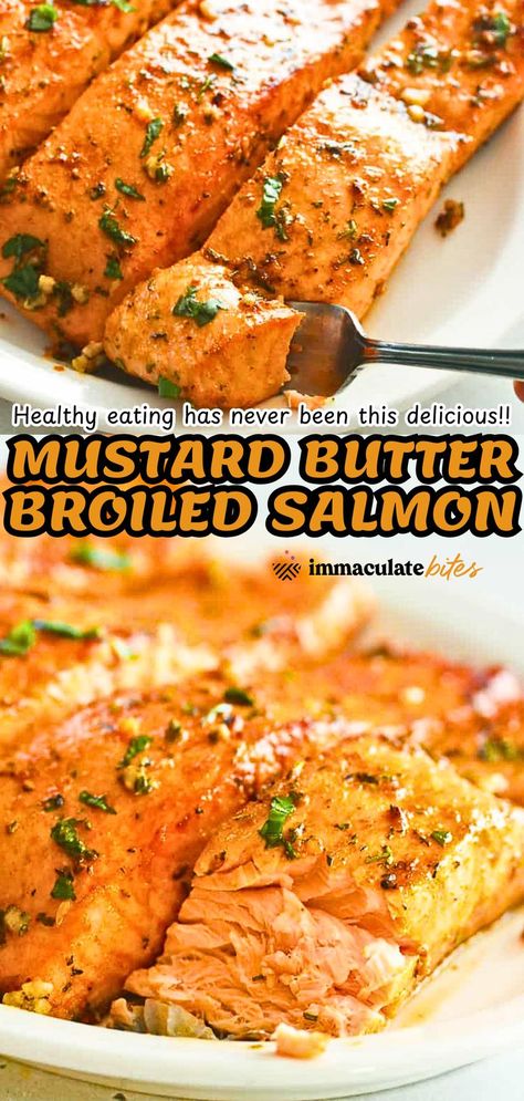 Healthy eating with this Mustard Butter Broiled Salmon! This naturally delicious seafood dish features fork-tender salmon coated in a delectable mustard butter sauce, broiled to perfection. Quick to prepare, it’s an ideal choice for busy weeknights when you crave a satisfying meal without the fuss. Enjoy a flavor-packed healthy treat that’s as easy as it is tasty! Buttered Salmon, Broiled Salmon Recipes, Mustard Butter, Recipes Jamaican, Recipes African, Mustard Salmon, Broiled Salmon, Butter Salmon, Seafood Recipes Healthy