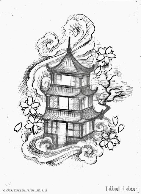 Japan Temple Drawing, Japanese Temple Drawing, Pagoda Drawing, Japanese Temple Tattoo, Tattoo Japan, Dragon Tattoo Arm, Temple Tattoo, Temple Drawing, Hipster Drawings