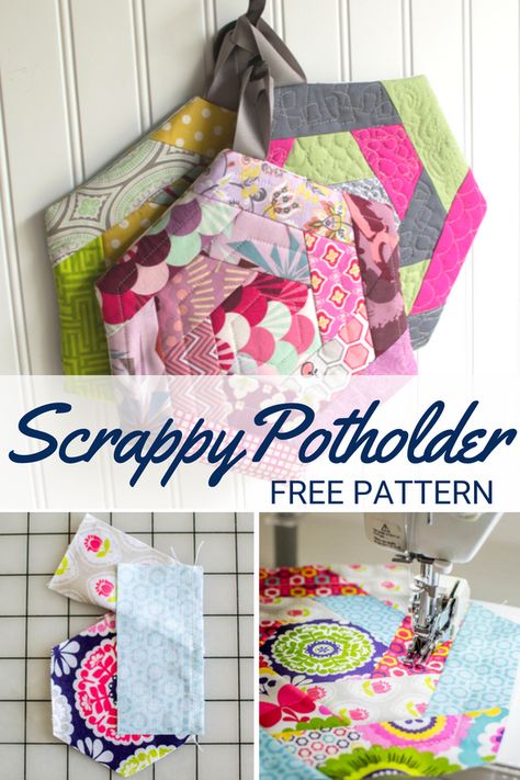 Scrap Happy Potholder | Free Pattern – Sewing With Scraps Potholder Sewing, Potholder Patterns, Beginner Sewing, Beginner Sewing Projects Easy, Leftover Fabric, Fabric Baskets, Sewing Projects For Beginners, Love Sewing, Sewing Project