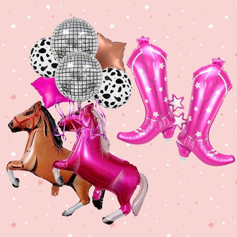 PRICES MAY VARY. Everything a Girls Party Needs: Make a statement at your next bachelorette party or bridal shower with this stunning 10PCS disco cowgirl decorations set, which includes 2 oversized cowgirl boot balloons, 2 different colored horses, 2 disco 4D balloons, 2 stars and 2 Cow print balloons, lets go girls party decorations unique design will add a touch of fun and excitement to your celebration, everyone will love it! Floating in the air: These gorgeous western foil balloons are speci Pink Pony Club Birthday, Disco Cow Girl Birthday Party, Toddler Cowgirl Birthday Party, Pink Pony Club Bachelorette, Retro Cowgirl Birthday Party, Cowgirl Balloons, Western Cowgirl Party, Maiden Party, Bachelorette Party Cowgirl