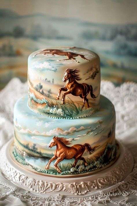 Horses at Dawn: Stunning Cake Design for Nature Lovers Equestrian Cake Ideas, Horse Cakes Birthday, Cowgirl Cake Ideas, Birthday Cake Horse, Horse Cake Ideas, Equestrian Cake, Horse Themed Cake, Horses Cake, Carolina Marie