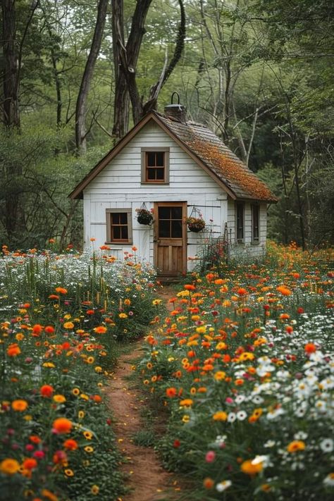 White Cottage In The Woods, Real Cottage House, Cottage Reference Photo, Cottage In Field, Cozy House Exterior Small Cottages, Dream Cottage Exterior, Moody Cottage Exterior, Cottage Core Home Exterior, Small Cozy House Exterior