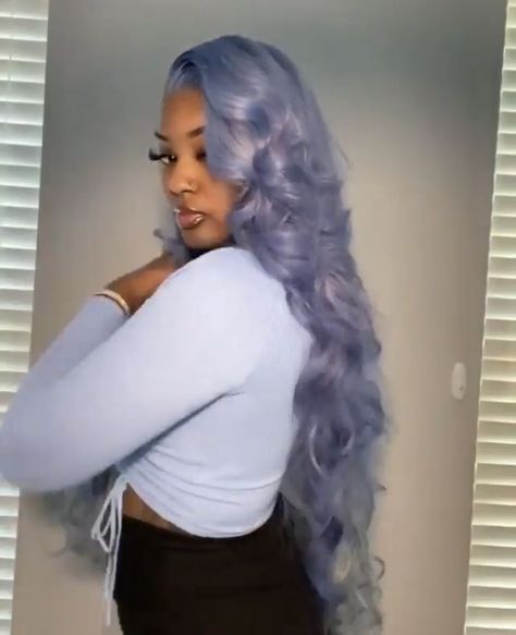 Light Lavendar Wig, Periwinkle Frontal Wig, Silver Blue Lace Front Wig, Lavender Hairstyles On Black Women, Powder Blue Wig Install, Powder Blue Lace Front Wig, Color Wigs On Light Skin, Lavender Hair On Black Women, Baddie Wig Colors