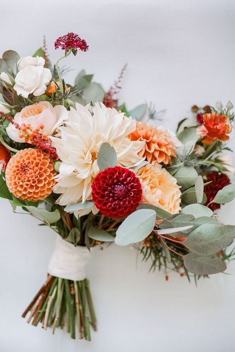 Dalia Flower Bouquet Fall Wedding, Orange Fall Bouquet, White Burgundy Orange Bouquet, Fall Flowers Bouquet Wedding, Fall Flowers Wedding September, Fall Wedding Flowers November White, Fall Wedding Bouquet Dahlia, Fall Wedding Small Bouquets, Romantic Fall Bouquet