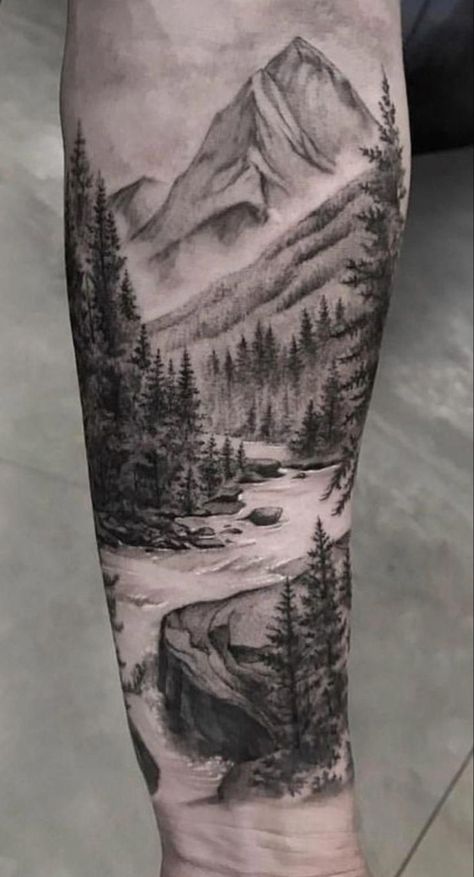 River with trees and mountain background Landscape Tattoo Sleeve, Forest Tattoo Sleeve, Natur Tattoo Arm, River Tattoo, Scene Tattoo, Cool Shoulder Tattoos, Nature Tattoo Sleeve, Marquesan Tattoos, Mens Shoulder Tattoo