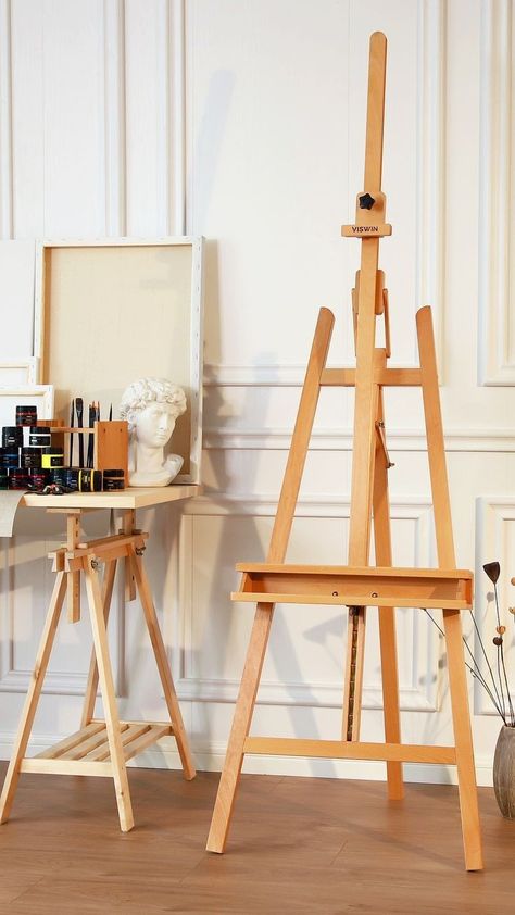 French Easel Aesthetic, Paint Easel Ideas, H Frame Easel, Easel In Bedroom, Painting Easel Aesthetic, Art Easel Decor, Easel Painting Ideas, Art Easel Aesthetic, Diy Wood Easel Stand