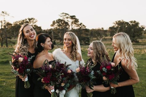 Gothic Bridesmaids, Wedding Recovery, Dark Blue Wedding, Barossa Valley, Burgundy Bouquet, Black Bridesmaid, Maroon Wedding, Black Bridesmaids, Burgundy Bridesmaid