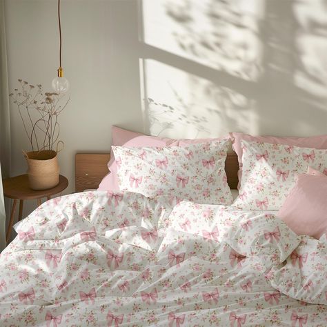 Designing a floral coquette bedroom or dorm room? Then this pink floral coquette bedding set is a perfect match for your pink floral bedding and coquette decor!  ♥ BEDDING OPTIONS This floral pink bow bedding set comes with the option to purchase just the floral coquette comforter or duvet cover in your choice of twin, twin xl, queen, or king size (depending on which option you select between comforter and duvet), as well as the option to add on the matching 2 coquette pillowcases. 1.  Comforter Aesthetic Room Inspo Pink And White, Beds Coquette, Pink Bedsheets Aesthetic, Cute Pink Beds, Pretty Bed Covers, Light Pink Minimalist Bedroom, Floral Bed Sheets Coquette, Cherry Bedsheets, Bow Bedding Set