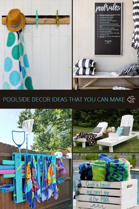 Poolside Decor That You Can Make - Rustic Crafts & Chic Decor Pool Toy Organization, Beach Theme Backyard, Pool Towel Holders, Towel Holder Diy, Pallet Pool, Towel Rack Pool, Water Ideas, Patio Cooler, Poolside Decor