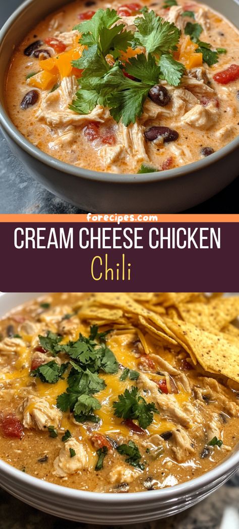 Cream+Cheese+Chicken+Chili Crockpot Cream Cheese Chicken Chili, Rotel Chili Recipe, Cream Cheese Recipes Dinner, Chicken Recipes With Cream Cheese, Chicken Chili Soup, Creamy Chicken Chili, Recipes Using Cream Cheese, Chicken Chile, Cream Cheese Chicken Chili