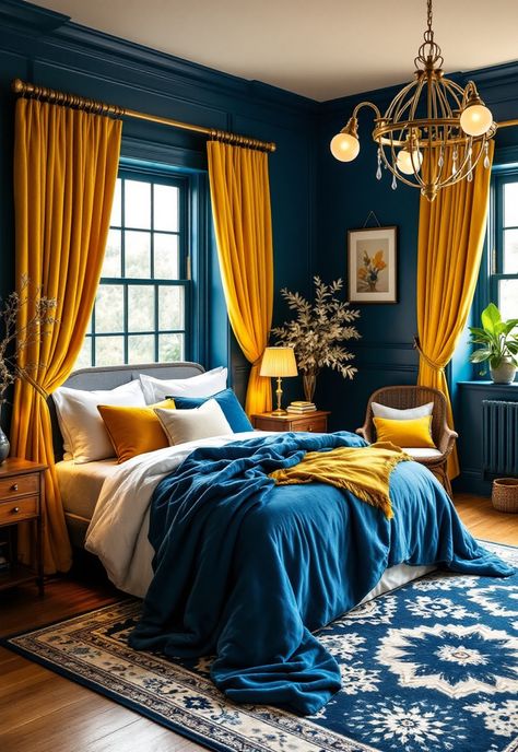 Blue and Yellow Boho Decor Navy Mustard Color Palette, Navy Yellow Bedroom, Navy Blue And Mustard Bedroom, Yellow And Blue Bedroom Ideas, Navy Blue And Yellow Bedroom, Blue And Yellow Room, Mustard Yellow Bedroom Ideas, Yellow And Blue Bedroom, Deep Blue Bedroom