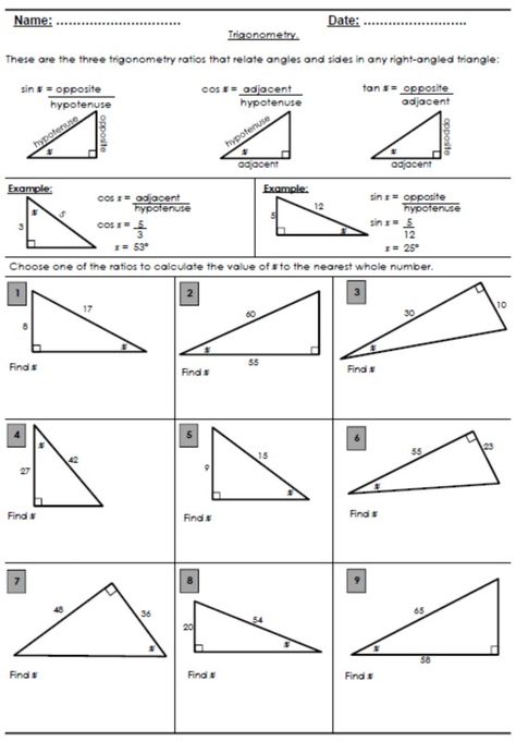 FREE Trigonometry ratio review worksheet. Trigonometric Ratios, Trigonometry Worksheets, Geometry Angles, Pythagorean Theorem Worksheet, Angles Worksheet, Triangle Worksheet, Trigonometric Functions, Geometry Worksheets, Gcse Math