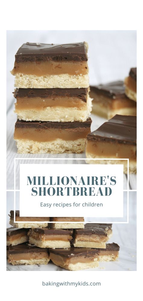 Easy millionaire's shortbread (Caramel shortbread) | Cooking with my kids Caramel Squares Recipe, Scottish Baking, Millionaire Shortbread Recipe, Shortbread Recipe Easy, Millionaire's Shortbread, Custard Cake Recipes, Caramel Shortbread, Caramel Treats, Deserts Easy