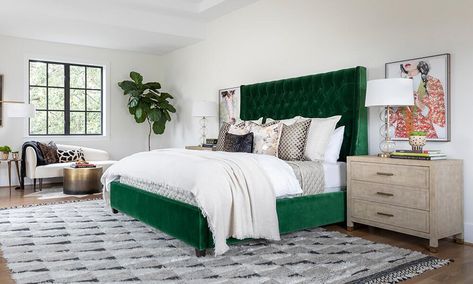 Room Ideas / Bedroom / Low-Key Glamour – High Fashion Home Green Headboard Bedroom, Green Headboard Bedroom Ideas, Headboard Bedroom Ideas, Green Headboard, Headboard Bedroom, Green Bed, Glamourous Bedroom, Tall Bed, Prime Colors