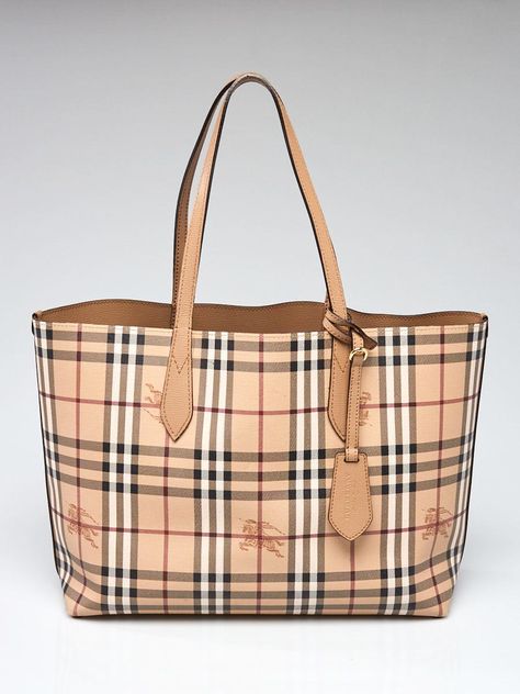 Burberry Beige Leather and Haymarket Check Coated Canvas Reversible Tote Bag - Yoogi's Closet Reversible Tote Bag, Check Coat, Reversible Tote, Ink Stain, Leather Handle, Burberry, Tote Bag, Handbags, Canvas