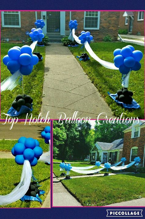 Ballon Walkway Balloon Decorations, Balloon Walkway Entrance, Balloon Pathway, Balloon Entryway, Standing Balloon Topiaries, Balloon Walkway, Balloon Topiary, Backyard Graduation Party, Minnie Mouse Birthday Party Decorations