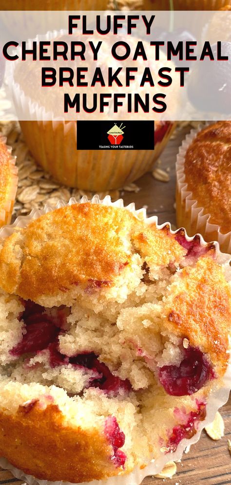 Fluffy Cherry Oatmeal Breakfast Muffins. Delicious, simple, soft and fluffy oatmeal muffins bursting with juicy cherries. Serve warm for breakfast or brunch Cherry Oatmeal Muffins, Fluffy Oatmeal, Bread Items, Oatmeal Breakfast Muffins, Lemon Cranberry Muffins, Easy Breakfast Muffins, Rhubarb Oatmeal, Cherry Oatmeal, White Chocolate Muffins