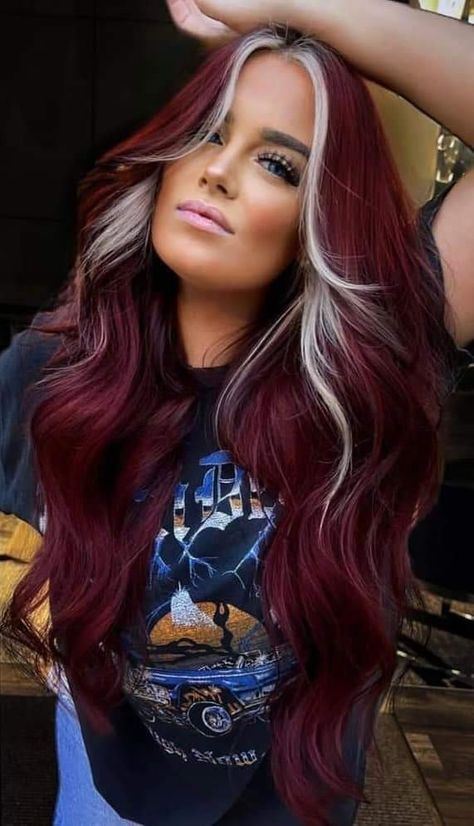 Red To Green Hair, Unique Colored Hair Ideas, Different Colors Of Red Hair, Unique Vivid Hair Color, Red Hair Color With Blonde Money Piece, Burgundy Hair Blonde Bangs, Red Hair Color For Tan Skin, Plum With Blonde Highlights, Strawberry Leopard Merlot Hair Color