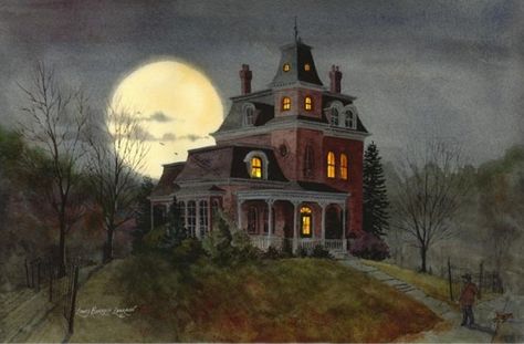 Painted by Lewis Barrett Lehrman Creepy House Painting, Victorian Addition, Haunted House Pictures, Photo Halloween, Casa Halloween, Creepy Houses, Spooky House, Haunted Houses, Halloween Painting