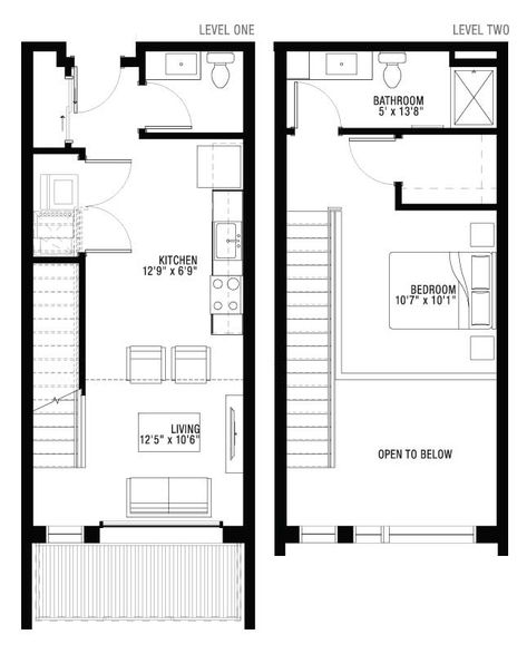 1 Bedroom Loft Apartment Floor Plans - 550 Ultra Lofts Loft House Plans Open Floor, Apartment House Layout, Loft Layout Floor Plans, Floor Plans Open Concept, Small Loft House, Loft Apartment Floor Plan, 1 Bedroom Loft, Small Loft Apartment, Loft House Plans