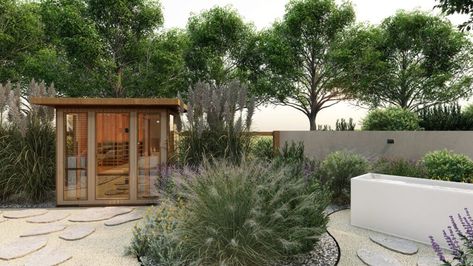 Outdoor sauna and cold plunge in backyard render designed by Yardzen Plunge Pool Cost, Outdoor Sauna Kits, Outdoor Saunas, Outdoor Fire Pit Area, Online Landscape Design, Family Backyard, Fire Pit Landscaping, Small Water Features, Outdoor Tub