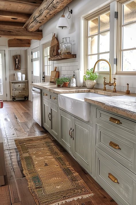 Renovating Farmhouse Ideas, Country Cozy Kitchen, Farmhouse Cabin Style, Cute Cozy House Ideas, Rustic Cream Kitchen, Cozy Farmhouse Interior Design, Cabin Farmhouse Kitchen, Home Style Ideas, Kitchen With A Fireplace