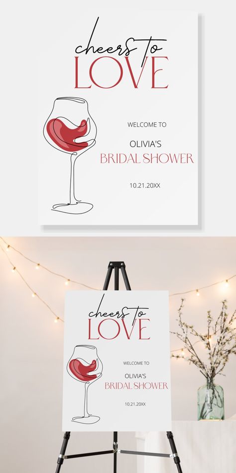 Cheers to Love Wine Tasting Bridal Shower Welcome Foam Board Cheers to Love. Modern minimalistic wine tasting bridal shower design featuring one line art glass of wine, trendy script and dotted pattern on the back. You can add your own details very easily by using the template field. Cheers To Love Bridal Shower Ideas, Vino Before Vows Bridal Shower Decor, Wine Bridal Shower Ideas, Wine Wedding Shower Theme, Wine And Cheese Themed Bridal Shower Ideas, Wine Tasting Bridal Shower Ideas, Cocktail Bridal Shower Ideas, Bridal Shower Winery, Wine Tasting Bachelorette