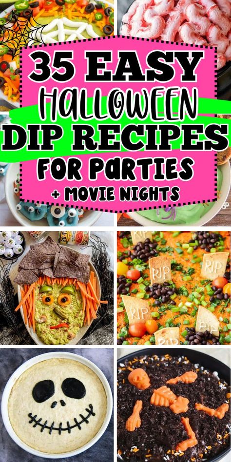 Easy Halloween dips for parties including spooky savory dip recipes for adults and sweet Halloween dessert dips for kids. They make easy Halloween appetizers, snacks, and treats for parties, potlucks, and movie nights. Easy Halloween Food For Party Crockpot, Cheap Potluck Ideas, Cheap Potluck, Halloween Dips For Parties, Graveyard Taco Dip, Halloween Dessert Dip, Savory Dip Recipes, Halloween Crockpot Recipes, Halloween Crockpot