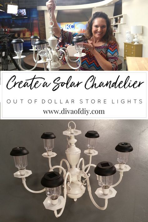 Entertain outdoors with a DIY solar chandelier | Diva of DIY Spray Painted Chandelier, Solar Chandelier Diy, Solaire Diy, Diy Solar Fountain, Solar Chandelier, Painted Chandelier, Chandelier Makeover, Old Chandelier, Solar Light Crafts