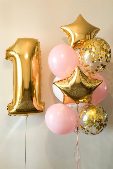 Birthday Balloon Bundle CUSTOM AGE Star Confetti Filled Classic Balloon Pink Gold Girly First Birthday Decoration Anniversary Year Celebrate any occasion with this part essential, a number balloon bundle. Pretty gold and pink party decoration that will make a great choice for fun girly events. The balloon bundle features stars, confetti-filled, classic balloons, and a large custom number balloon. Pink And Golden Birthday Theme, One Year Balloon Decoration, 1 Balloon Number, Gold And Pink Party, Pink Gold Balloons, Pink And Gold Balloons, Golden Birthday Themes, Gold And Pink Balloons, Pink And Gold First Birthday