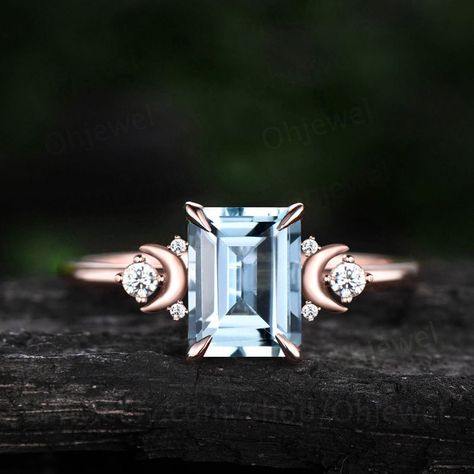 Vintage Emerald Cut Aquamarine Ring Unique Aquamarine Engagement Ring Rose Gold Moon Ring Cluster Diamond Promise Anniversary Ring for Women - Etsy Aquamarine Engagement Ring Rose Gold, Emerald Cut Aquamarine Ring, Ring Cluster, Cute Engagement Rings, Engagement Ring Rose Gold, Barbie Model, Emerald Cut Rings, Aquamarine Engagement Ring, Moon Ring