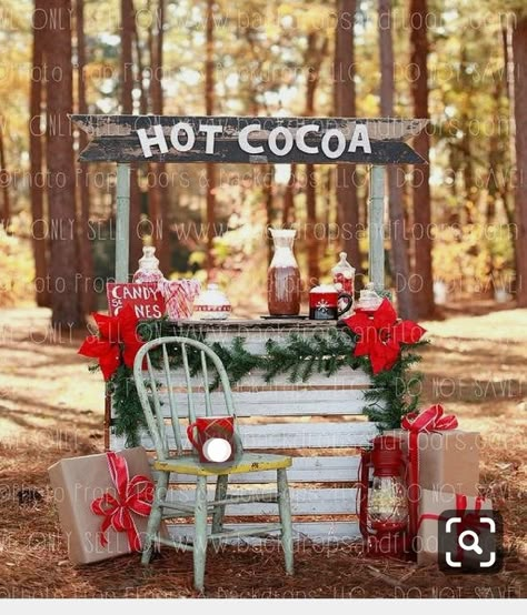 Tree Farm Photography, Winter Elves, Christmas Mini Sessions Outdoor, Outdoor Christmas Photos, Cocoa Stand, Christmas Mini Shoot, Hot Cocoa Stand, Christmas Booth, Photo Backdrop Christmas