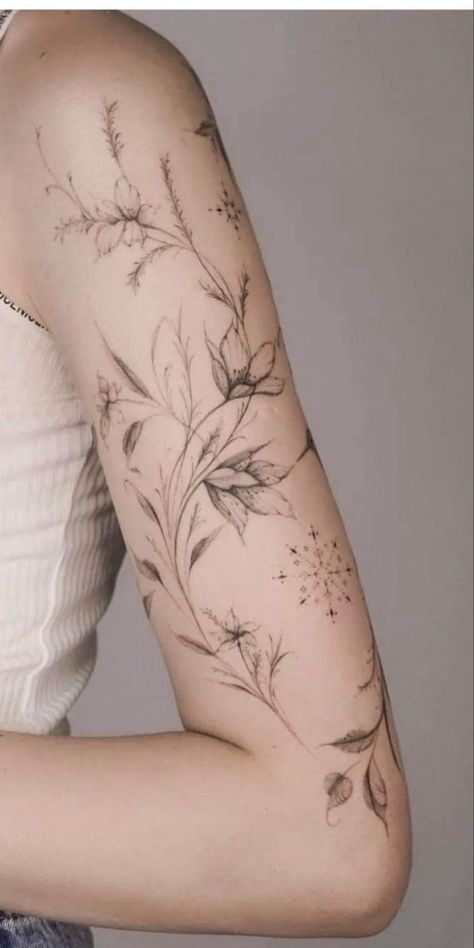 Botanical Tattoo Sleeve, Feminine Shoulder Tattoos, First Tattoo Ideas, Floral Arm Tattoo, Underarm Tattoo, Front Shoulder Tattoos, Purple Tattoos, Around Arm Tattoo, Inner Bicep Tattoo