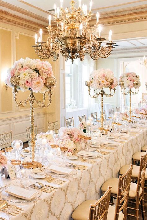 gold wedding decorations high gold candelabra with flowers golden tablecloth and chairs studio 2000 via instagram Pink Wedding Receptions, Candelabra Centerpiece, Elegant Wedding Reception, Gold Wedding Decorations, Golden Wedding, Long Table, Mod Wedding, Black Tie Wedding, Glam Wedding