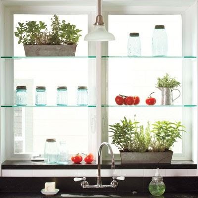 A THOUSAND THREADS: DIY Kitchen Shelves Kitchen Window Plant Shelf, Kitchen Window Plants, Kitchen Window Shelf, Kitchen Window Shelves, Window Plant Shelf, Diy Kitchen Shelves, Kitchen Sink Window, Glass Shelves Decor, Glass Shelves Kitchen