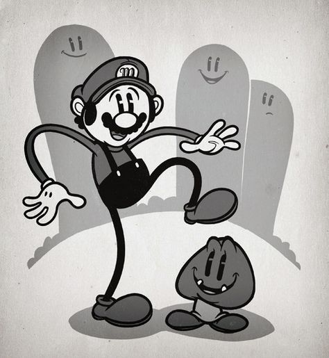 Rubber Hose Art, Rubber Hose Style, Funny Art Print, 1930s Cartoons, Mario Fan Art, Funny Art Prints, Mushroom Kingdom, Wall Art Funny, Vintage Cartoons