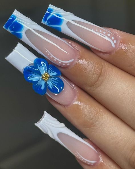 can’t get enough of this ✨✨ - “classic nude” @vbeautypure 💙 - inspo @topcoatedby.trace 🤞🏻 - - - - - -- #nails #nailsofinstagram… | Instagram Blue Flower Acrylic Nails, Blue Tapered Square Nails, Blue Bling Nails, Baddies Nails, Carcase Iphone, Nails Extra, 3d Flower Nails, Drip Nails, Nail Sets