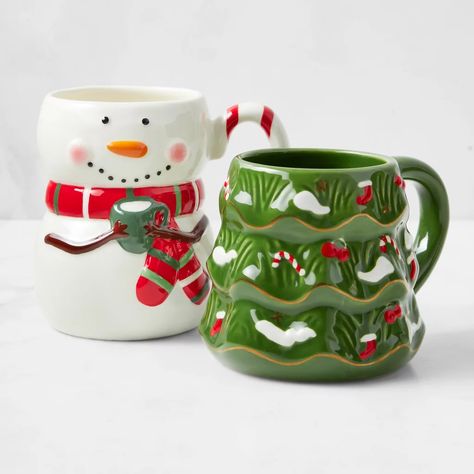 Playful Holiday Mugs: Williams Sonoma Figural Christmas Tree and Snowman Mug Set Christmas Mug Set, Christmas Tree Mugs, Christmas Tea Set, Cute Christmas Cups, Christmas Mug Ceramic, Christmas Ceramic Mug, Christmas Tea Cups, Cute Christmas Mugs, Brr Basket