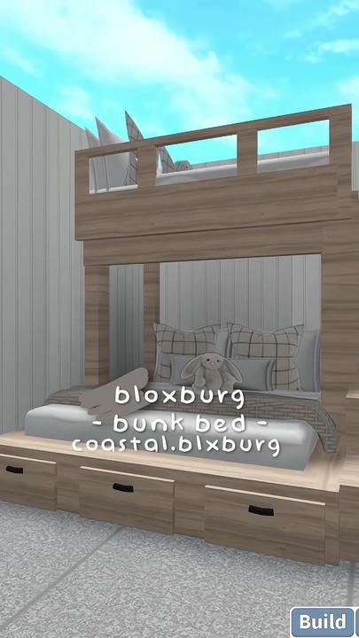 Bloxburg Coffee Area Ideas, Bloxburg Floating Bed, Cute Ideas For Bloxburg Houses, Bloxburg Custom Bunk Bed, Bloxburg Rustic Interior, Bloxburg Diy Furniture, Bloxburg Furniture Store, Bloxburg Caravan Build, Small Home Bloxburg Layout