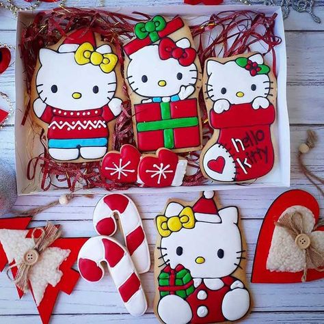 Hello Kitty Xmas, Christmas Girls Night, Christmas Stocking Cookies, Kitty Cookies, Christmas Cookies Ideas, Hello Kitty Cookies, Kitty Ideas, Christmas Package, Hello Kitty Wallpaper Aesthetic