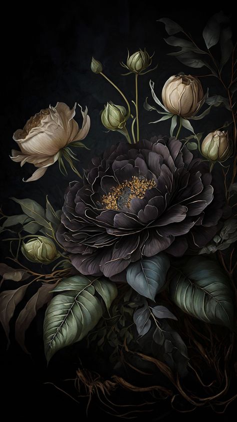 Gothic Floral Painting, Moody Ipad Wallpaper, Dark Moody Photography, Goth Wallpaper Aesthetic, Witchy Aesthetic Wallpaper, Dark Witchy Aesthetic, Dark Witchy Wallpaper, Botanical Goth, Dark Flowers Wallpaper