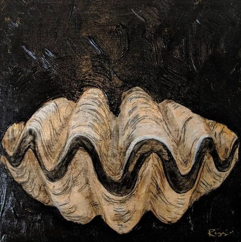 Clam Shell Illustration, Folk Illustration, Giant Clam, Mussel Shell, Black Painting, Acrylic Painting Ideas, Fruit Painting, Art On Wood, Shell Beach