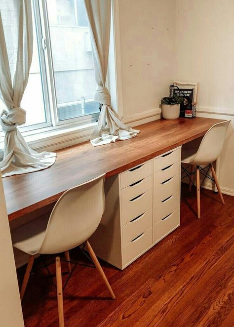 Home Office Desk By Window, Small Office Sunroom, Ikea Desk For Two, Duel Desk Home Office, Double Desk Home Office Window, Double Desk Diy, Study Desk For Two, Desk With Alex Drawers, Large Desk Ideas