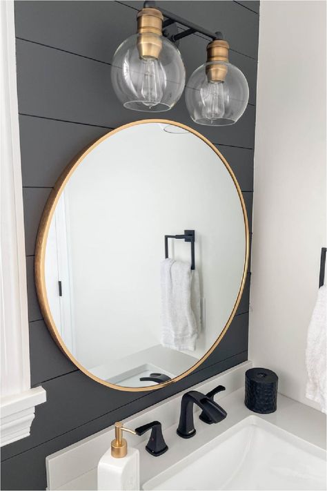 Powder Room With Shiplap Accent Wall, Shiplap Wall Powder Room, Grey Shiplap Wall Bathroom, Black Shiplap Half Bath, Dark Shiplap Powder Room, Dark Grey Accent Wall Bathroom, Powder Room Black Accent Wall, Painted Shiplap Accent Wall Bathroom, Black Accent Wall Bathroom Half Baths