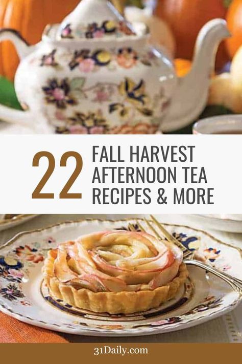 When the leaves begin to change and the air cools but the sun is still warm, it's harvest season. What a better way to celebrate than to host your own Harvest Afternoon Tea. Fall Theme Tea Party, Halloween Tea Party Food, Fall Afternoon Tea, Thanksgiving Tea Party, Afternoon Tea Party Ideas, Cinnamon Scones Recipe, Classic Fall Desserts, Thanksgiving Tea, Autumn Tea Party