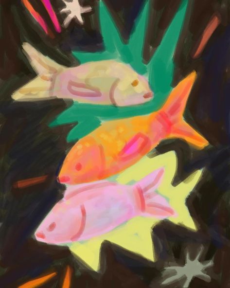 happy february 🐠 here’s some fish to greet u!! the print this month was initially a sketched painting but I ended up loving it, kinda… | Instagram Happy February, Fish Graphic, Oil Pastel Art, Fish Drawings, February 3, Fish Painting, Plant Illustration, U Can, Pastel Art