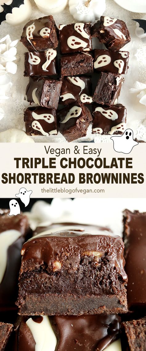 Pinterest pin of triple chocolate brownies with a shortbread base Halloween Baked Goods Treats, Vegan Halloween Cake, Halloween Recipes Vegan, Witchy Desserts, Halloween Vegan Food, Vegan Halloween Dinner, Vegan Halloween Snacks, Halloween Brownies Ideas, Halloween Shortbread