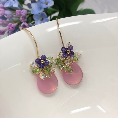 Violet Earrings, Briolette Earrings, Pink Crystal Earrings, Amazonite Jewelry, Sweet Violets, Ear Ring, Sea Glass Earrings, Earring Making, Pumpkin Earrings