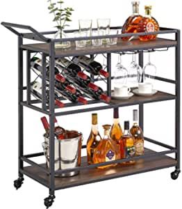 Amazon.com: FATORRI Bar Carts for The Home with Wine Rack and Glasses Holder, Rustic Rolling Serving Cart on Wheels for Liquor and Alcohol, Wood and Metal Drink Cart and Beverage Cart (Walnut Brown) : Office Products Small Bar Cart, Rustic Bar Cart, Liquor Cart, Wine Cart, Bar Serving Cart, Cart On Wheels, Metal Bar Cart, Rolling Bar Cart, Drink Cart